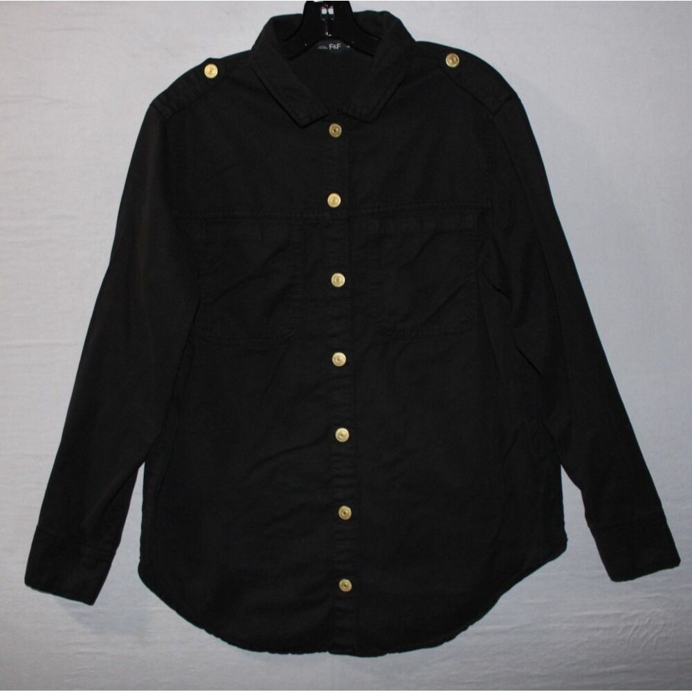 F&F Ladies Shirt Size 12 US 4 Utility Long Sleeve Gold Button Down Black